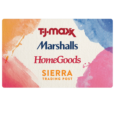 SIERRA TRADING POST<sup>&reg;</sup> $10 Gift Card - Sierra offers the top brands for getting active and outside, with a vast selection of products for men, women, children, and pets at teeny, tiny prices. Whether you’re running, camping, practicing yoga, or going for a hike, you can find the best brands in apparel, footwear, gear and more—all at an incredible value.  The TJX gift card is redeemable at over 2800 Sierra, T.J.Maxx, Marshalls, and HomeGoods stores (in the U.S. and Puerto Rico) and online at sierra.com and tjmaxx.com.